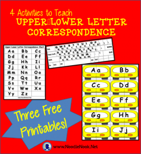 3 FREE Printables and 4 Activities to teach Upper-Lower Letter Correspondence- from NoodleNook.Net