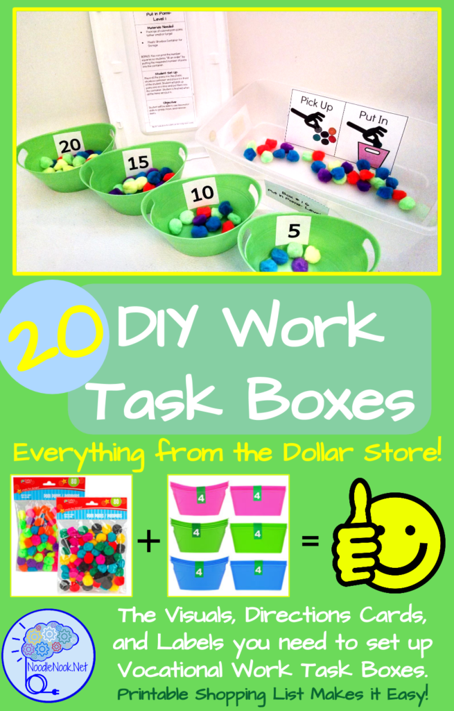 20 DIY Work Task Boxes you can make with stuff from the Dollar Store. Printable Visuals and Directions. Easy!