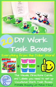 20 DIY Work Task Boxes you can make with stuff from the Dollar Store. Printable Visuals and Directions. Easy!