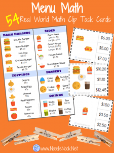 Menu Math Clip Cards: Real World Math for Elementary or Autism Units