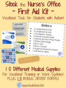 This First Aid Kit Stocking Activity is the perfect addition to your work system or vocational prep class… and it allows your students to work on meaningful skills they can actually apply to a real job.