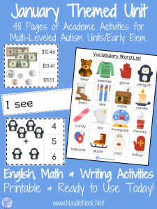 January Themed Monthly Unit- 46 ELA and Math Activities for Autism or Early Elementary