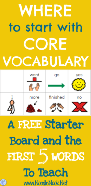 Don’t know where to start with core vocabulary? This will give you a FREE starter board, tips and tricks to teach with, and even the first 5 words to start with!