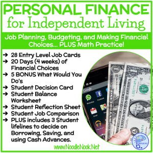Personal Finance for Independent Living... a job planning, budgeting, and financial choices activity to last a month! Works on vocational, transition, and functional goals for students in SpEd.