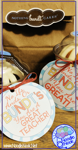 There are several times throughout the year when I want to send some love to my kid's teachers for teacher appreciation, holiday gifts, end of the year gifts and birthdays... Cute and simple DIY teacher appreciation with Nothing Bundt Cake Labels!
