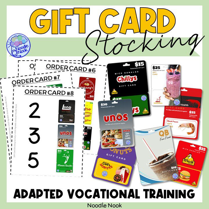 Gift Cards Vocational Work Task from NoodleNook. Check out meaningful and fin vocational training activities for Autism Units and Life Skills.