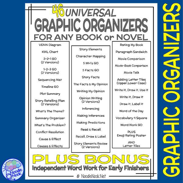 Universal Graphic Organizers from Noodle Nook- Universal for ANY book with SpEd, Early Elementary and Autism Units in mind. Read more to get your FREE Printables!