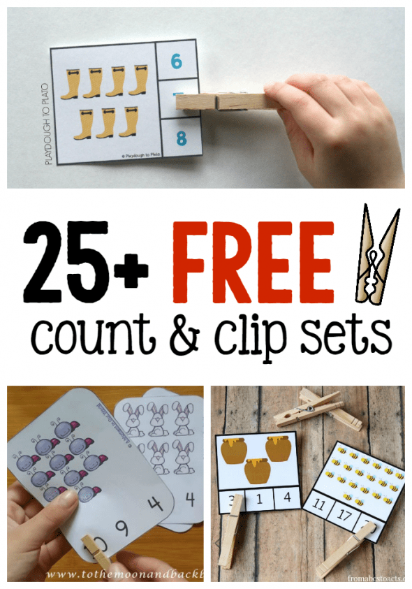 I love this huge selection of FREE count and clip cards for counting from 1-20! Kids count the objects and clip with a clothespin. Great for fine motor skills and number recognition, too! #countandclip #counting #teachingmath #preschool #kindergarten