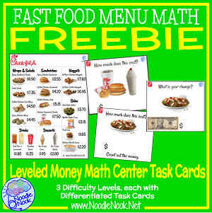 Fast Food Menu Math Free Sample from Noodle Nook- Free Printable Math Center for Money Skills