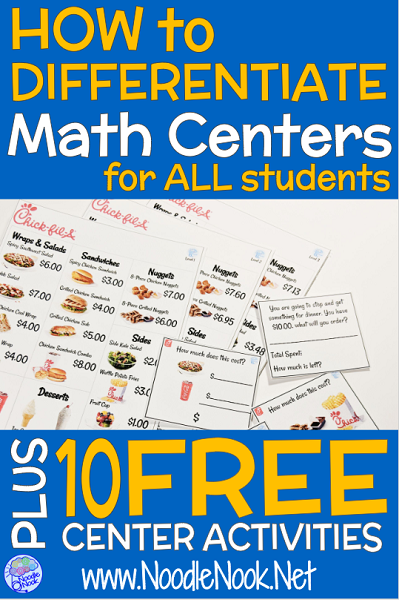 How to differentiate math centers for students with links to 10 free printable Math Centers!