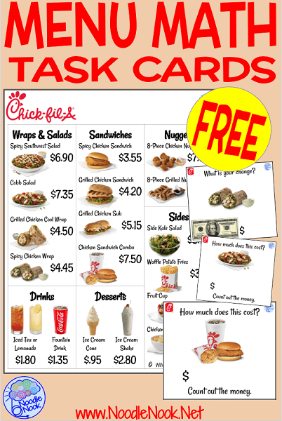 Fun and Functional Menu Math Task Cards FREE from Noodle Nook- a great money math center for Autism and Special Ed.