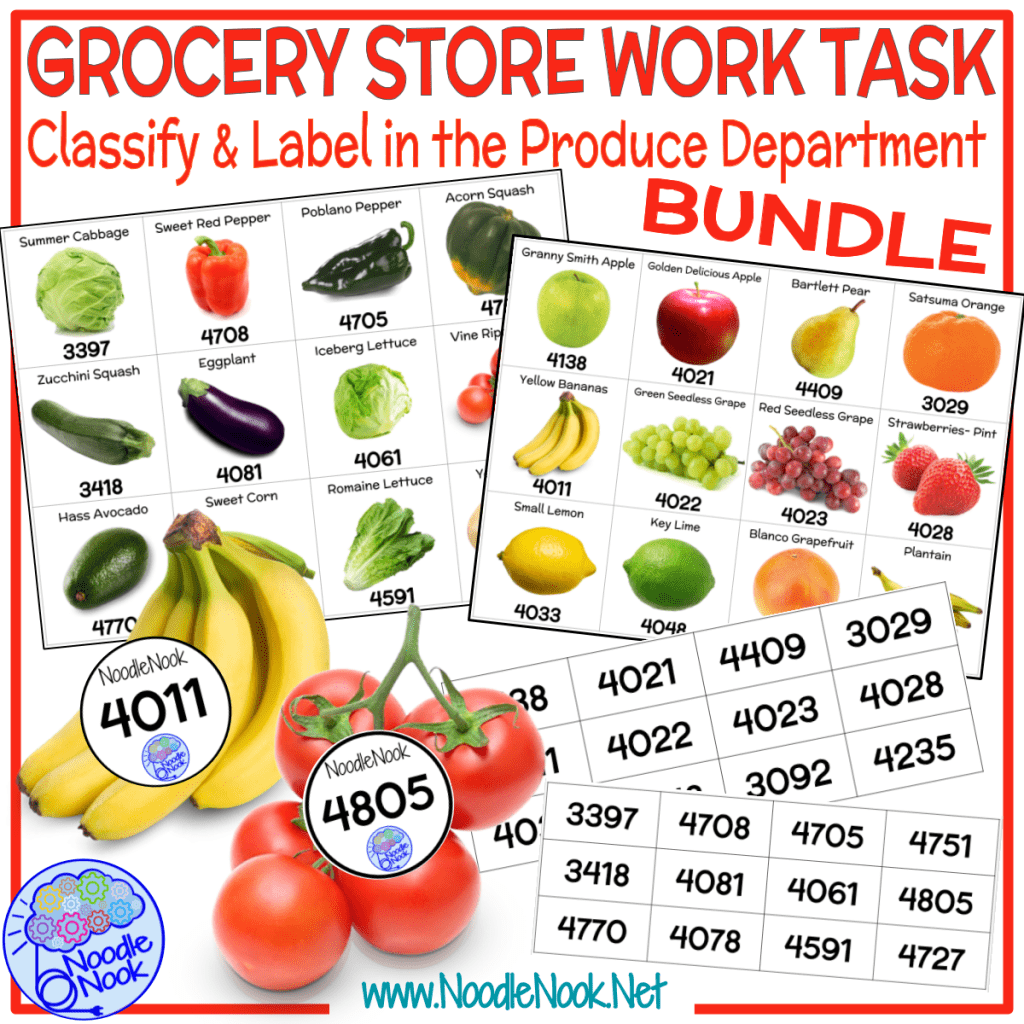 This Grocery Store Work Station is all about classifying items by type, by code using a visual reference sheet, order fulfillment by PLU, and labeling fruit and vegetable items with the correct PLU.