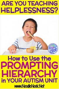 What is a prompting hierarchy and how do you use it in an Autism classroom, speech therapy room or when teaching aac? This is a great overview of the hierarchy of prompting and cueing with a printable chart! Also how to use the prompting  hierarchy to stop learned helplessness and build independence. Listen now to learn more.