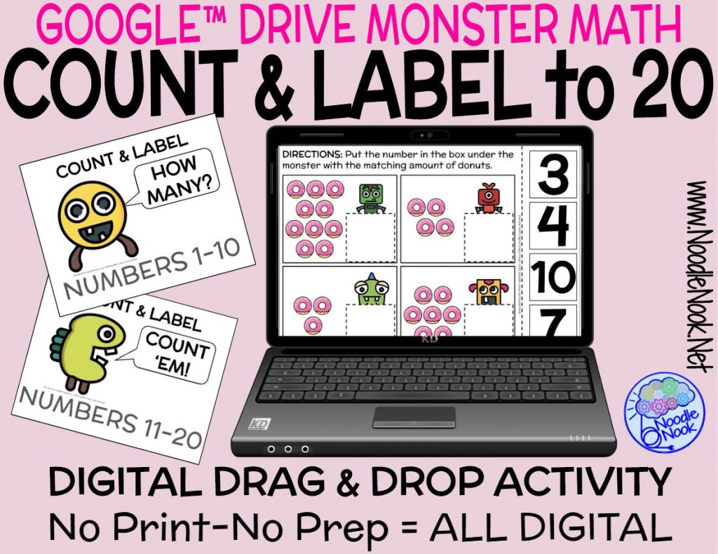 Monster Math -Count and Label Digital Drag and Drop Activity via Noodle Nook