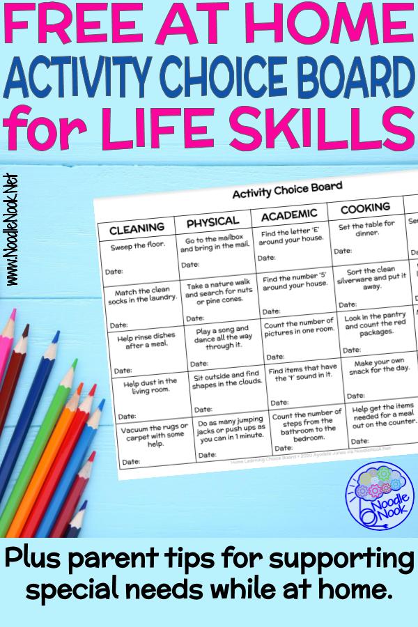 FREE At Home Activity Choice Board for Life Skills