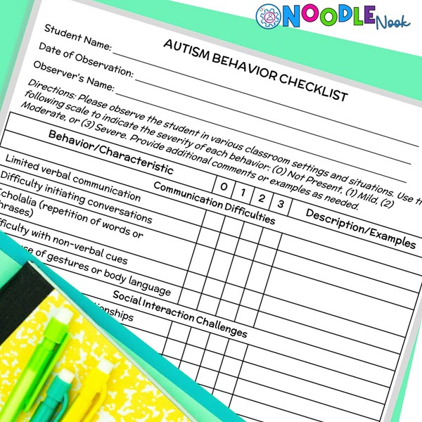 Autism Behavior Checklist via Noodle Nook. A colorful graphic with the text "Unlocking the Power of an Autism Behavior Checklist" and hands on checklist printable for Autism behaviors.