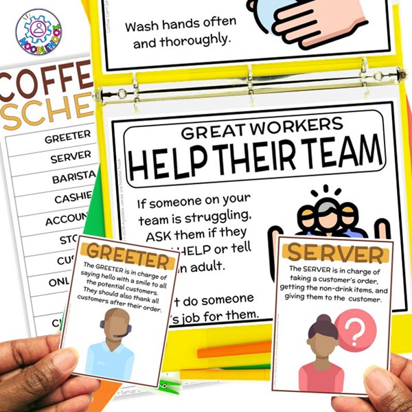 Image of a binder with teacher resources related to Coffee Cart Special Education showing student jobs as part of the How to Guide for Setup