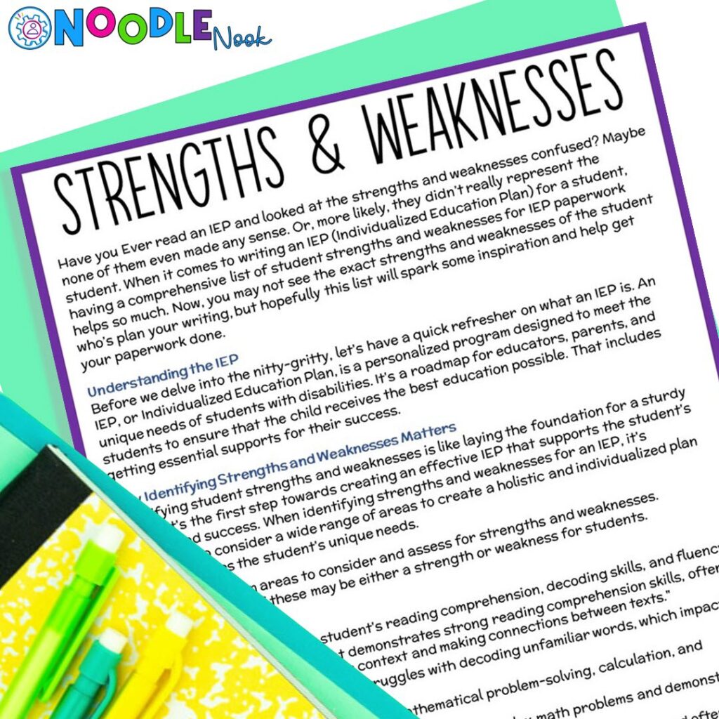 Guide and List of Strengths and Weaknesses for IEP Writing via Noodle Nook