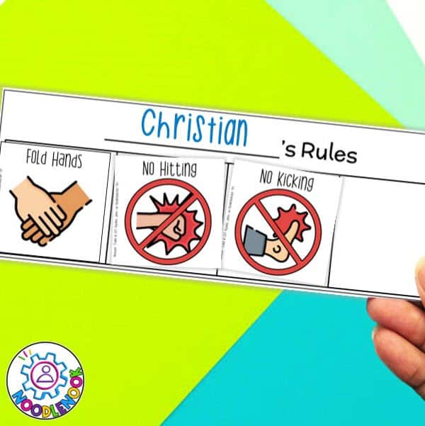 Picture of visual rule cards for kids with special needs, includes a graphic of no hitting, no kicking, and fold hands.