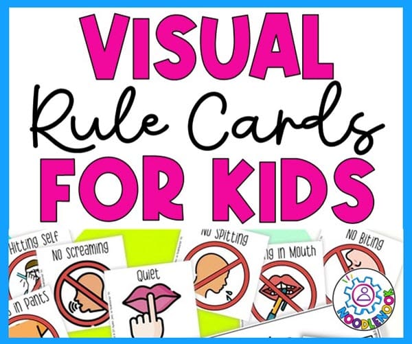Graphic with the text "visual rule cards for kids" alongside icons with directions for students.